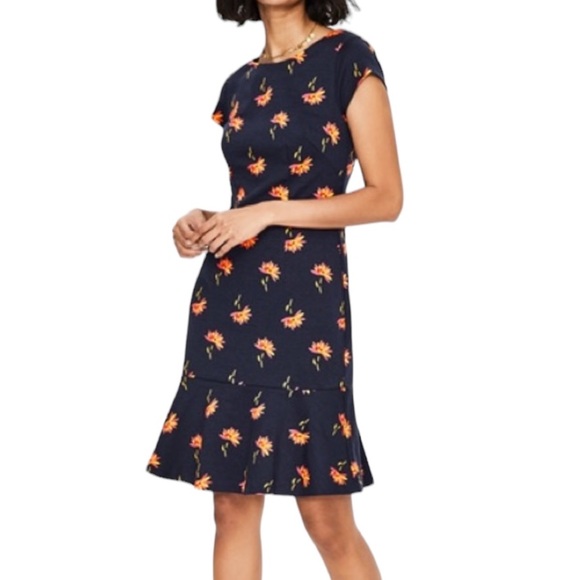 NWT Boden Rosetta Navy Blue Yellow Floral Ponte Knit Ruffle Dress - 6 - Picture 3 of 15